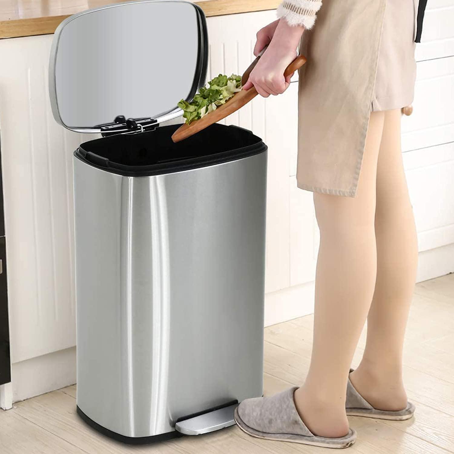 Rongfun 13 Gallon/50 L Garbage Can Kitchen Trash Can with Lid for Office Bedroom Bathroom Step Trash Bin Fingerprint-Proof Brushed Stainless Steel 13 Gallon / 50 Liter