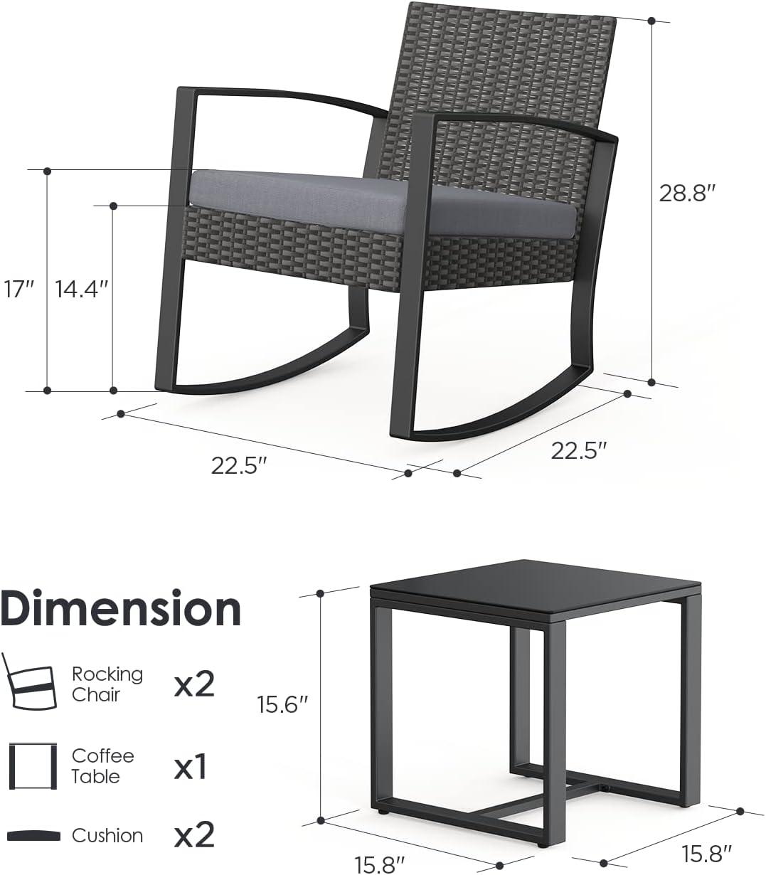 Gray Wicker 3-Piece Outdoor Rocking Chair Set with Cushions and Table