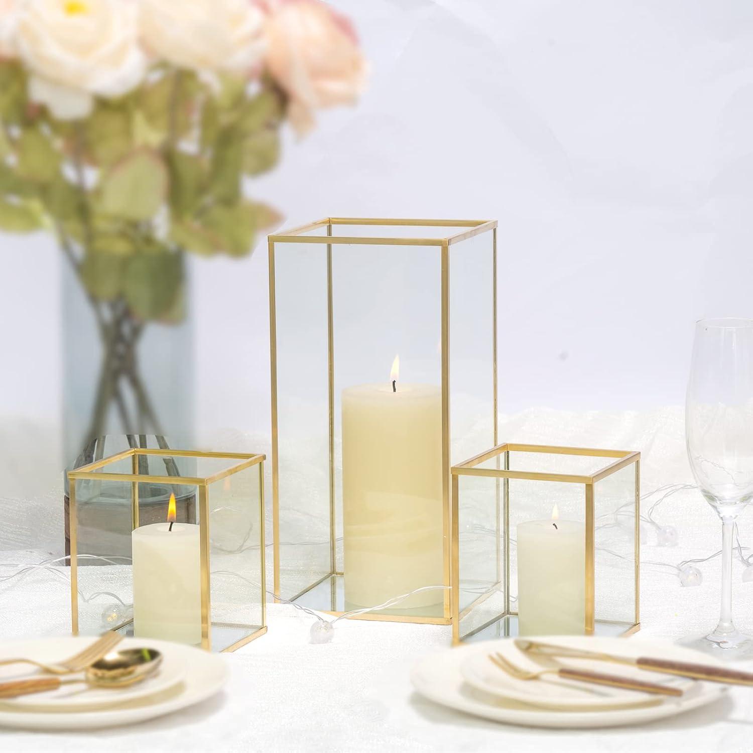 Phosphor Small Hurricane Candle Holder Set of 3 Pieces, Black Glass Candle Holder for Wedding, Party, Holiday.