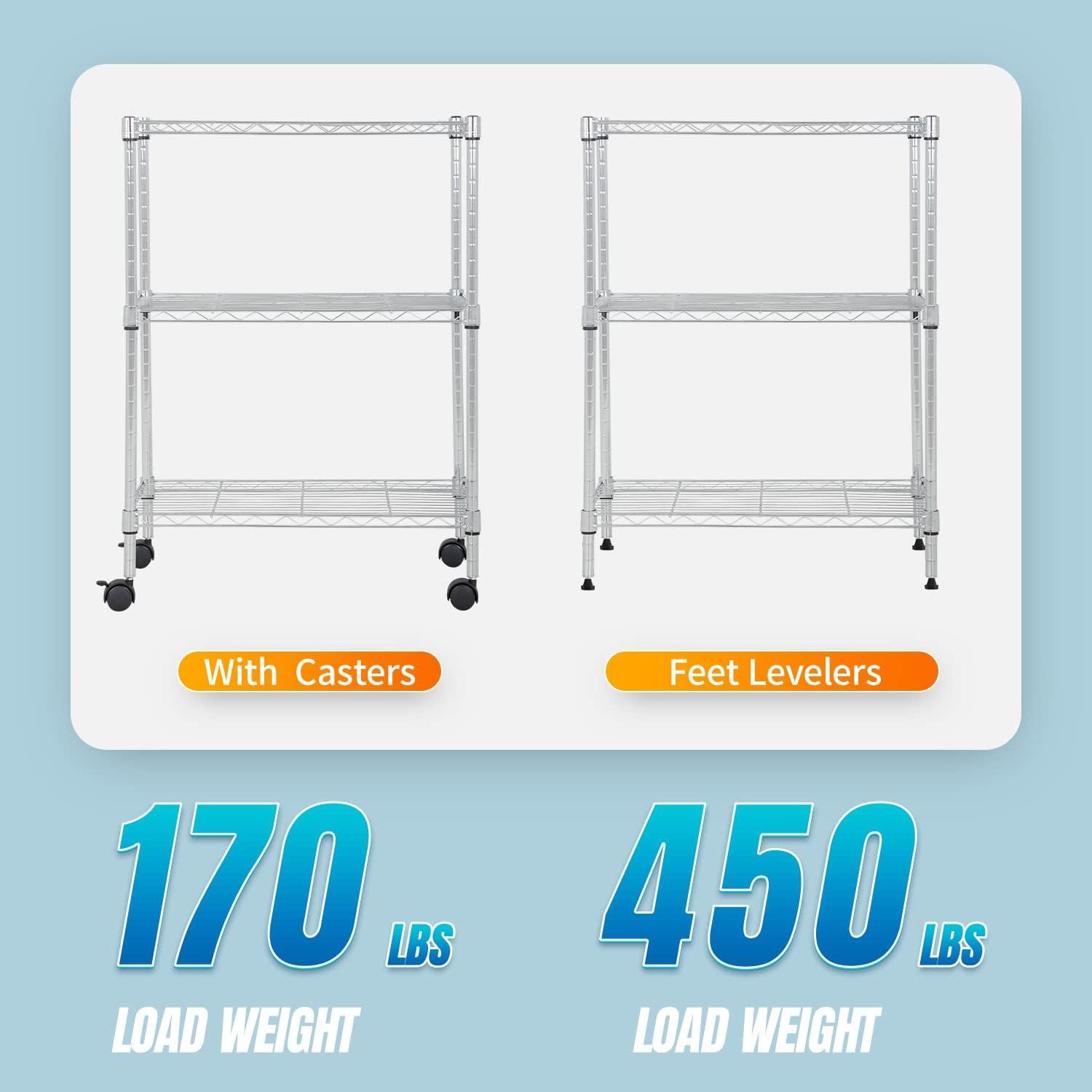 Bestoffice 3 Tier Wire Shelving 23x13 x32 Layer Storage Shelves with Wheels for Small Places,Chrome