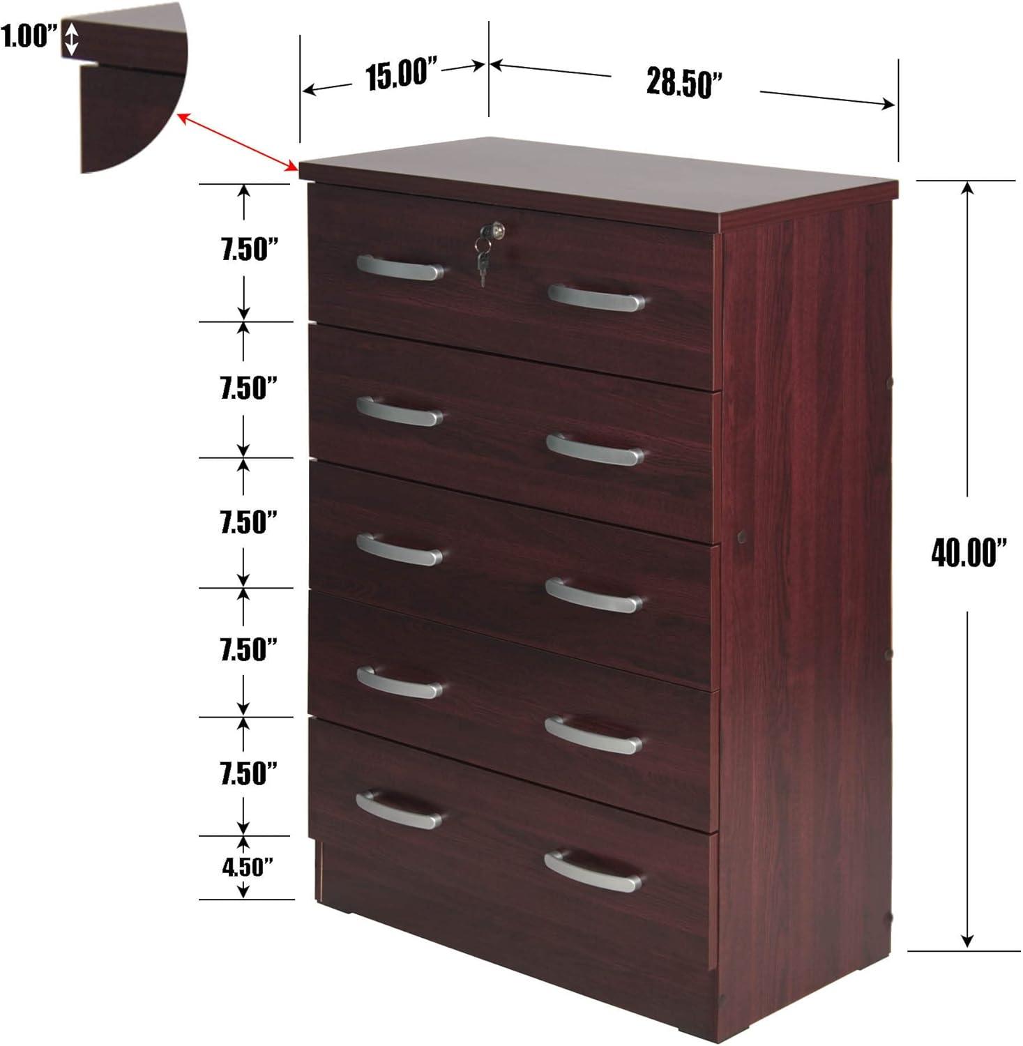 44 x 29 x 16 in. Cindy 5 Drawer Chest Wooden Dresser with Lock, Mahogany