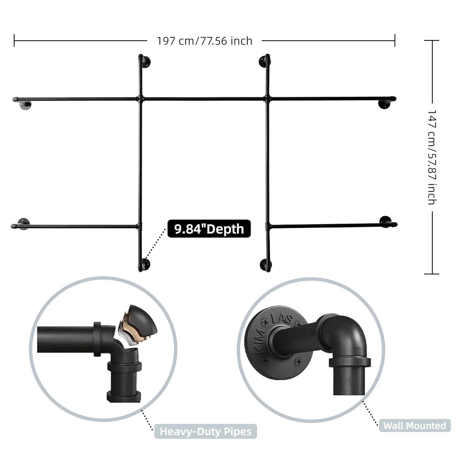 Industrial Pipe Clothes Rack Wall Mounted Clothing Rack,Heavy Duty Iron Pipe Garment Rods,Detachable Multi-Purpose Clothing Hanging Rod/Garment Bar, Black