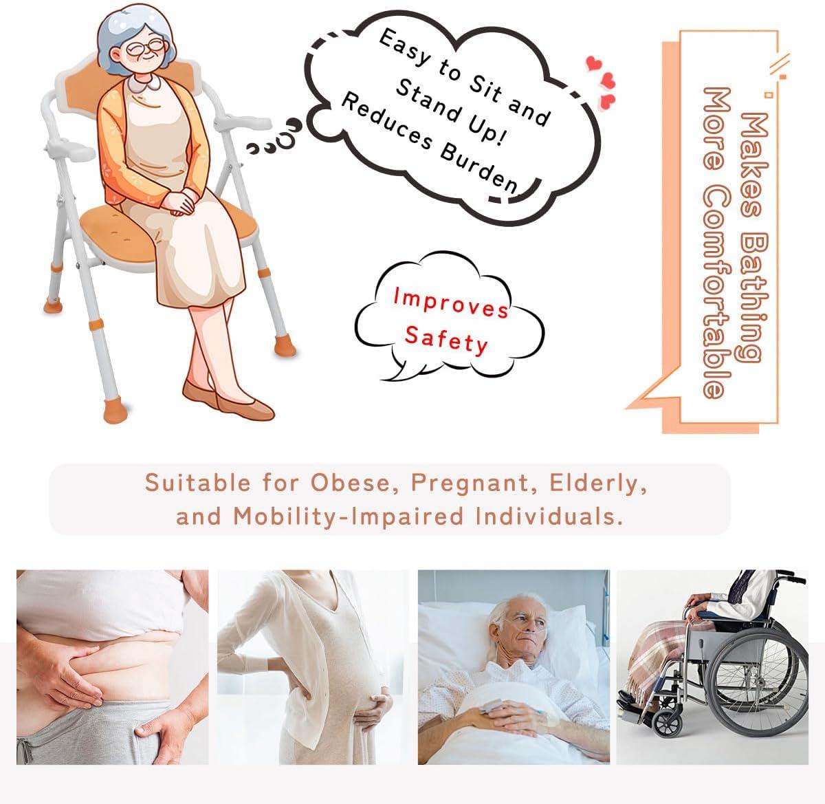 Lumizone Shower Chair 6-Level Adjustable Height with Armrests and Back Heavy Duty Foldable Bathtub Chair for Slip Resistant Thick Pipe U-Shaped Seat with Drain Holes Backrest and Waterproof Cushion