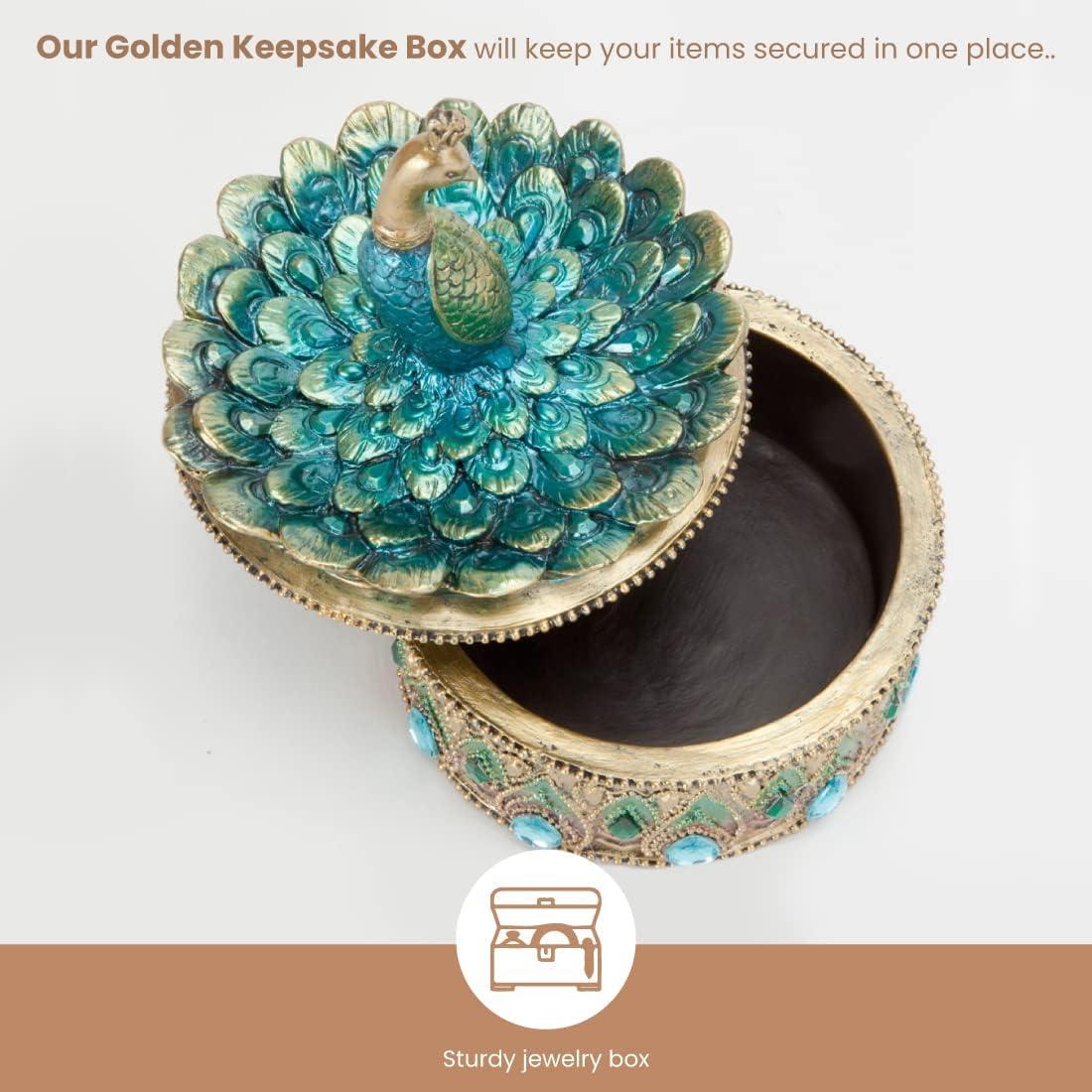 Bits and Pieces - Peacock Keepsake Box - Peacock Art - Golden Jewelry Box