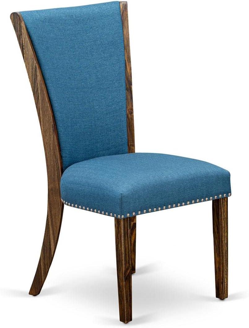 Verona Distressed Jacobean Wood Frame Dining Chair with Blue Linen Fabric Seat with Nail Head & Stylish Back - Set of 2