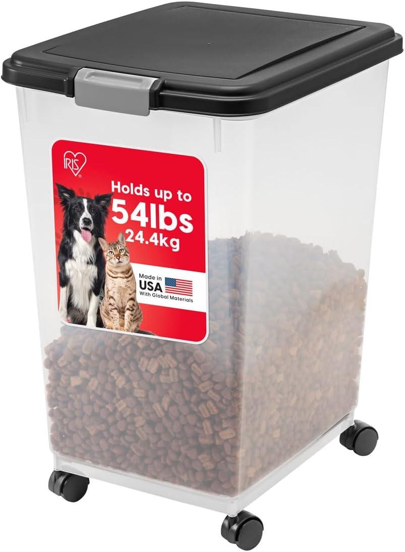IRIS USA 54 Lbs / 69 Qt WeatherPro Airtight Pet Food Storage Container with Attachable Casters, For Dog Cat Bird and Other Pet Food Storage Bin, Black