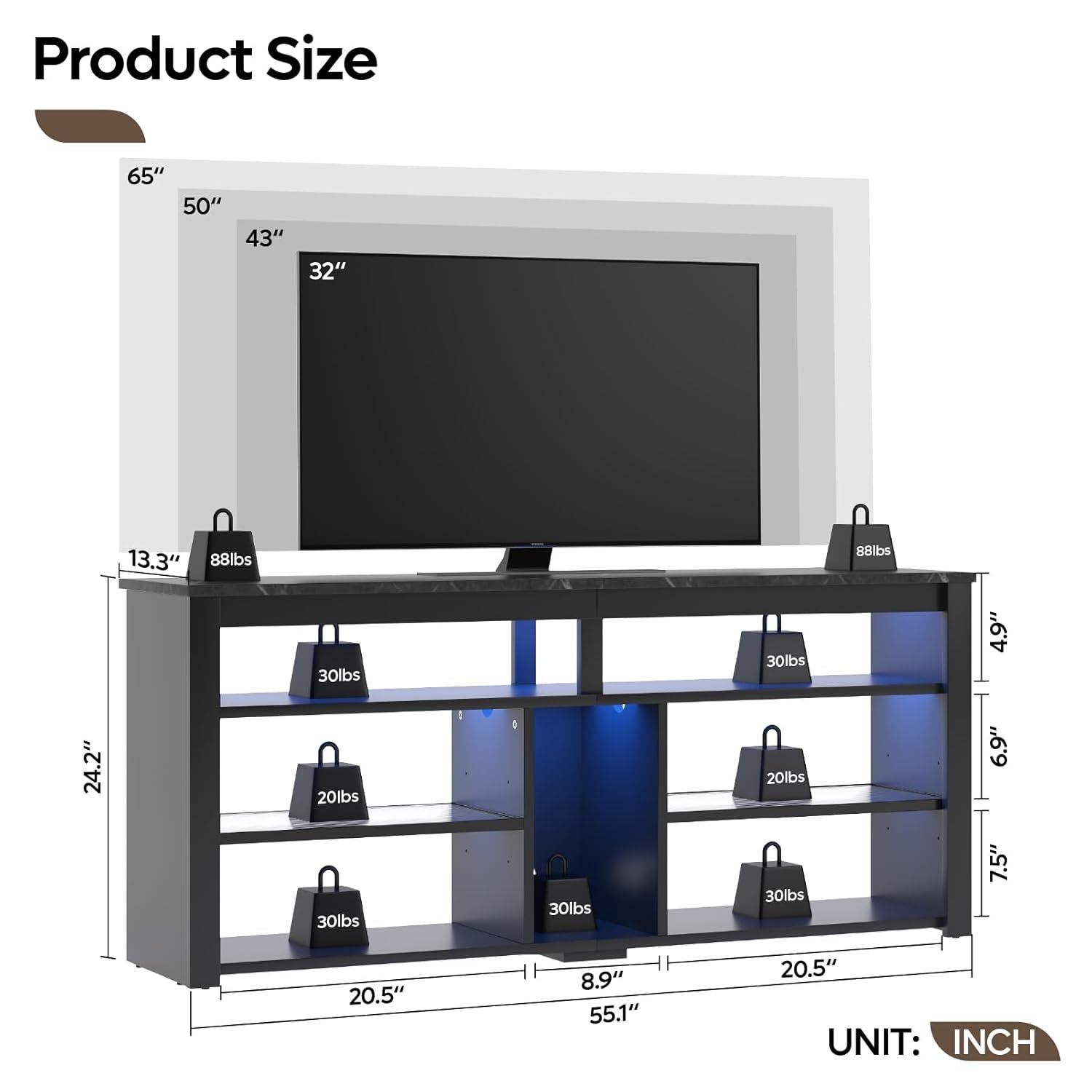 Bestier LED Tall Entertainment Center, 55/60/65 inch TV Stand with Storage for PS5 Xbox, Adjustable Shelf Media Console for Living Room, Black Marble