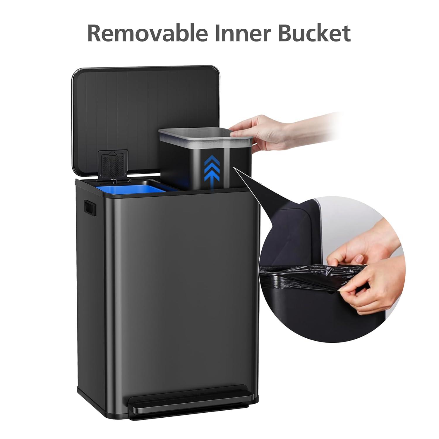 GarveeHome 60L/16 Gal Kitchen Trash Can,2×8 Gal Pedal Trash Bin with Removable Baskets,Stainless Steel Garbage Can for Kitchen Office Restaurant School Hospital