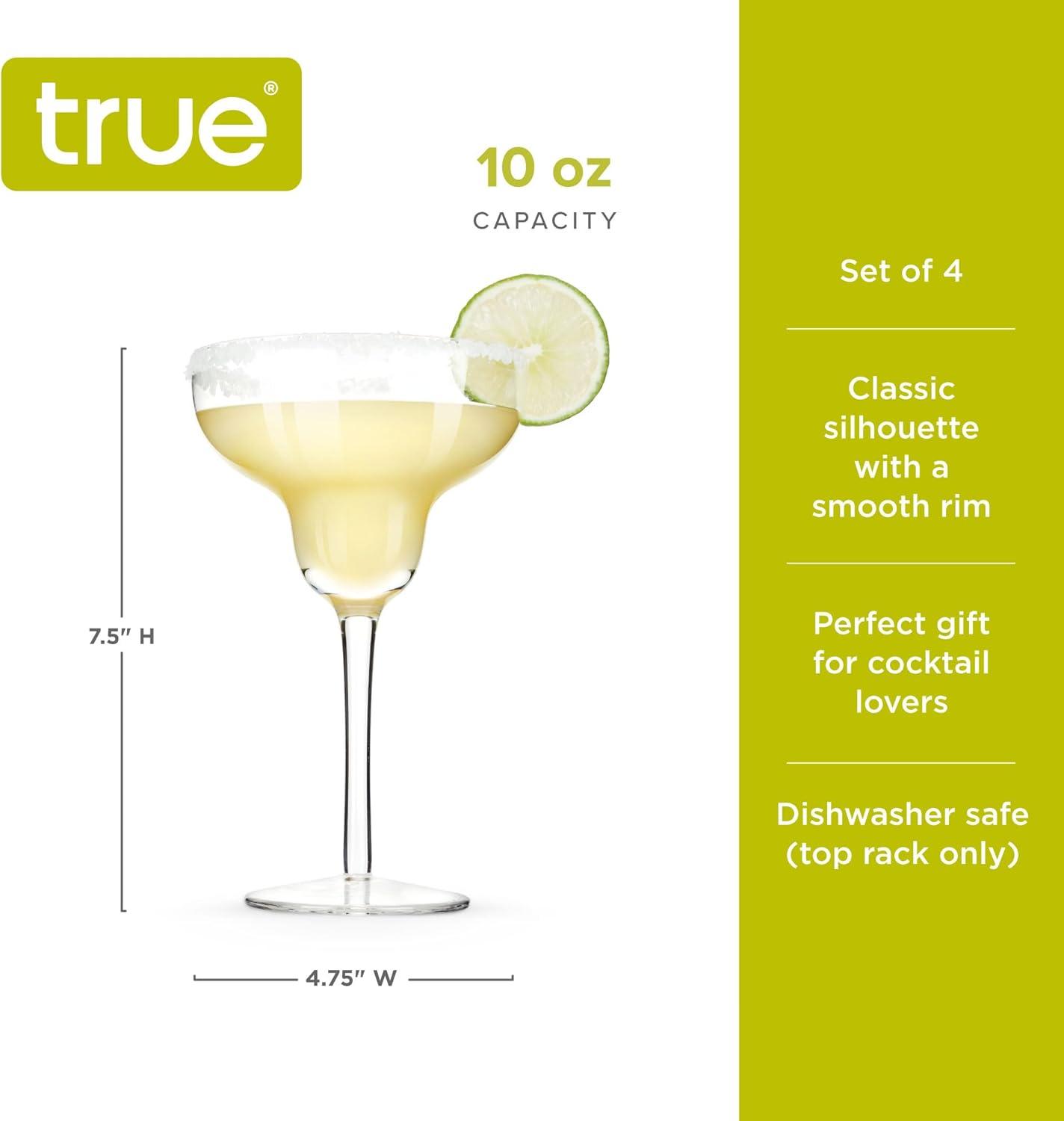 True Margarita Glass, Crystal Stemmed Cocktail Glasses, Dishwasher Safe, Mixed Drink Glasses, Daquiri Glass Holds 10 oz., Set of 4, Clear