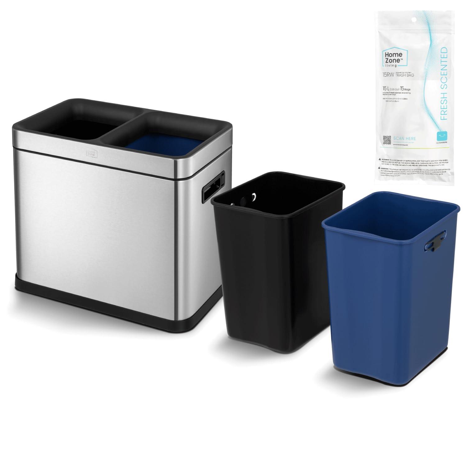 Home Zone Living Home Zone Living Open Top Trash Can Dual Removable Liners for Trash and Recycling Stainless Steel