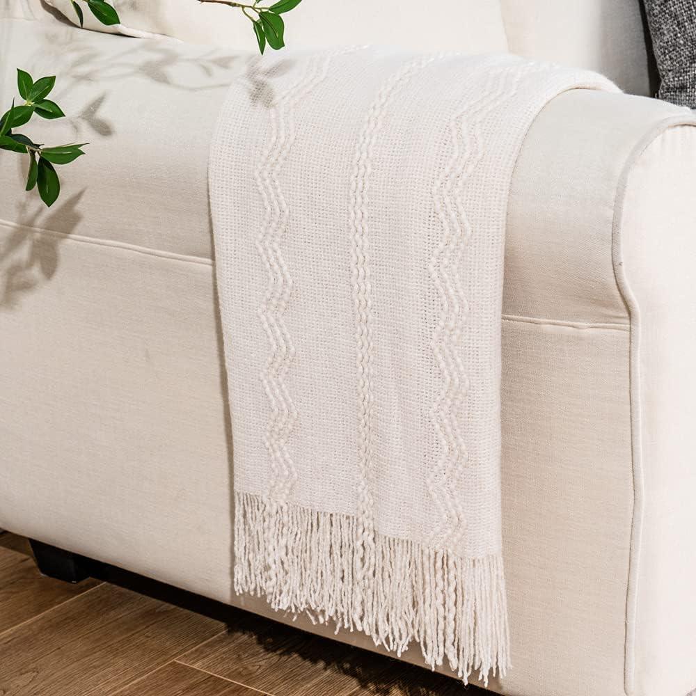 Cream Knitted Acrylic Throw Blanket with Tassels, 50"x60"