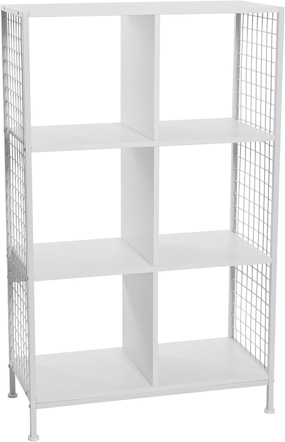 Scandinavian White 6-Cube Storage Shelf with Metal Mesh Sides