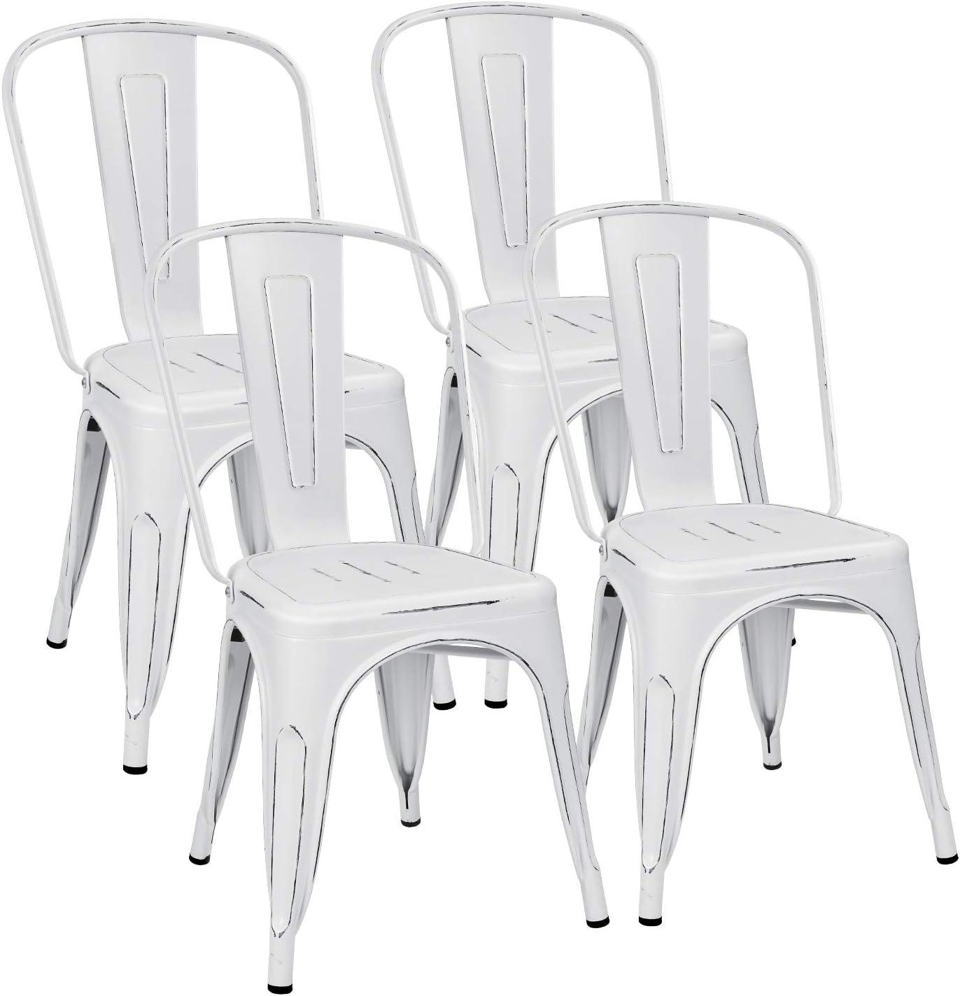 Killeryuki Metal Dining Chair Indoor Outdoor Use Stackable Chic Side Classic Trattoria Metal Chairs Set of 4 for Kitchen, Dining Room, Bistro and Cafe (Distressed White)