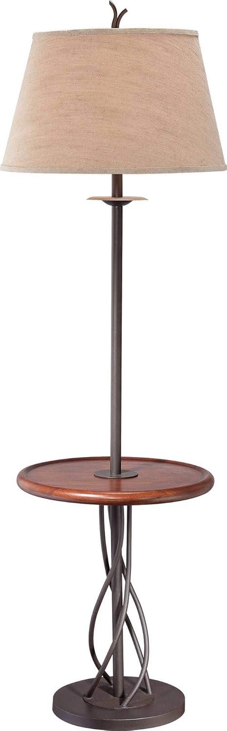Franklin Iron Works Rustic Floor Lamp with Table 63.5" Tall Wood Twisted Iron Base Linen Empire Shade for Living Room Reading Bedroom
