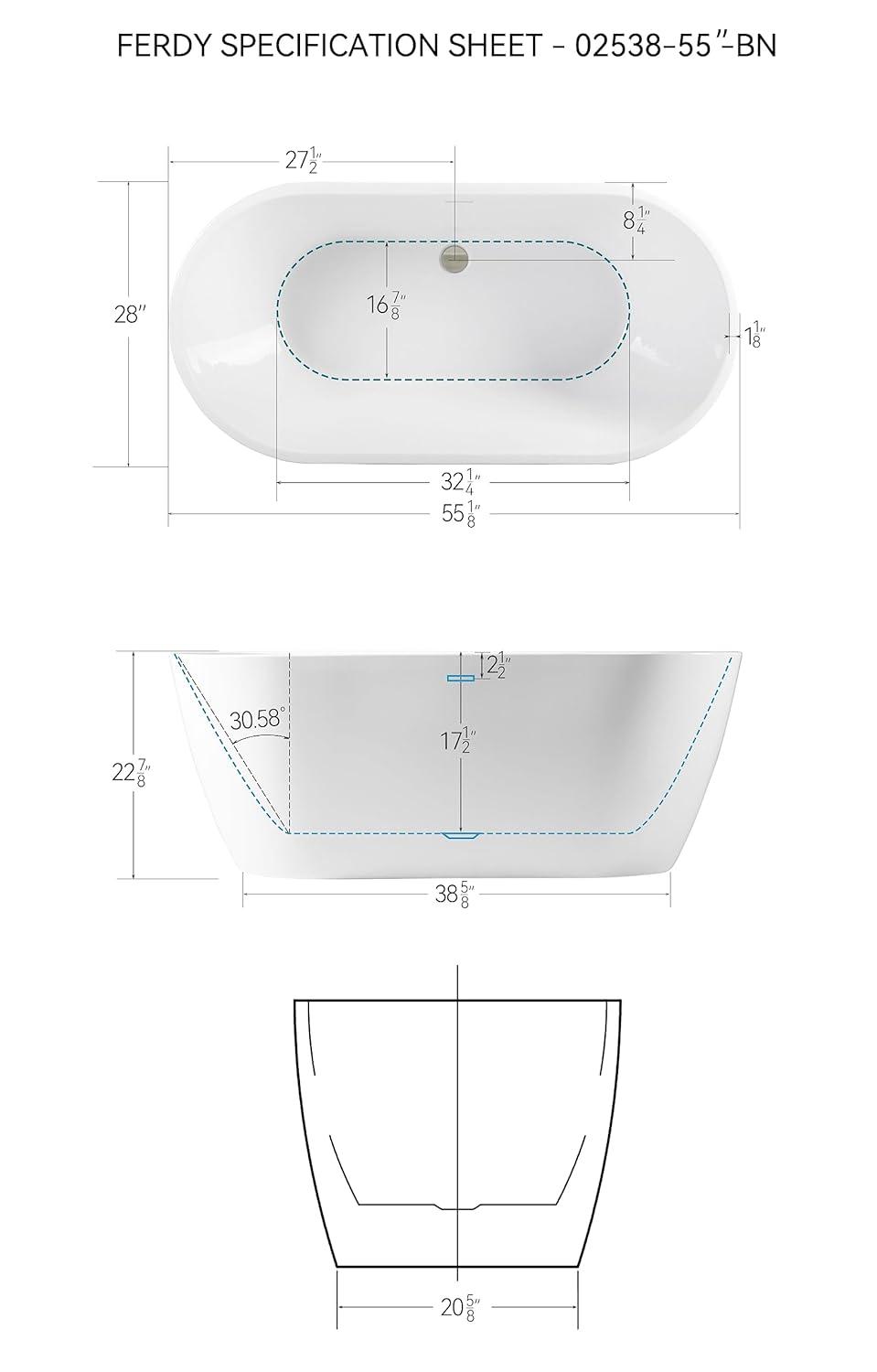 FerdY Bali Freestanding Soaking Acrylic Bathtub with Brushed Nickel Drain FerdY-02538-1400-BN