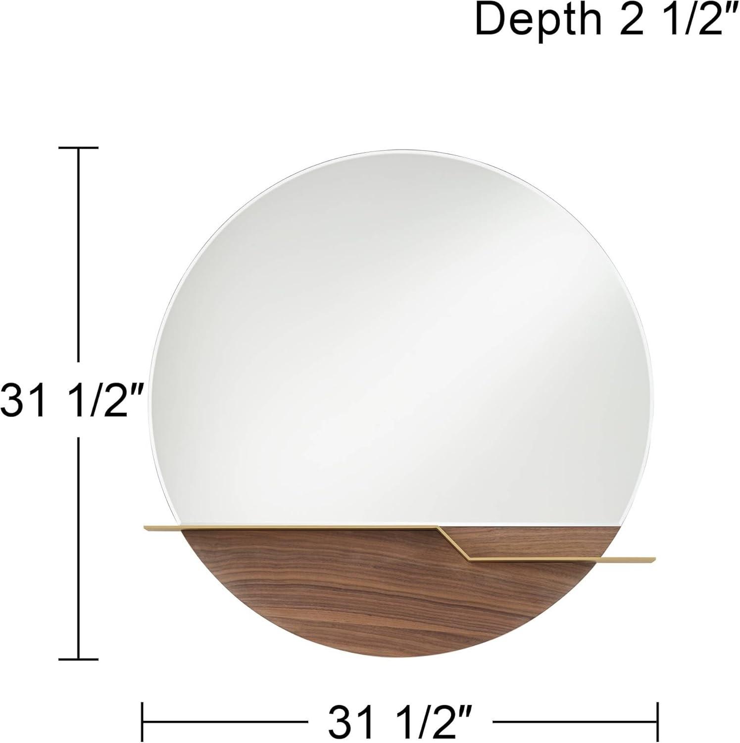 Possini Euro Design Loft Round Vanity Wall Mirror with Gold Shelf Modern Beveled Glass Brown Wood Frame 31 1/2" Wide for Bathroom