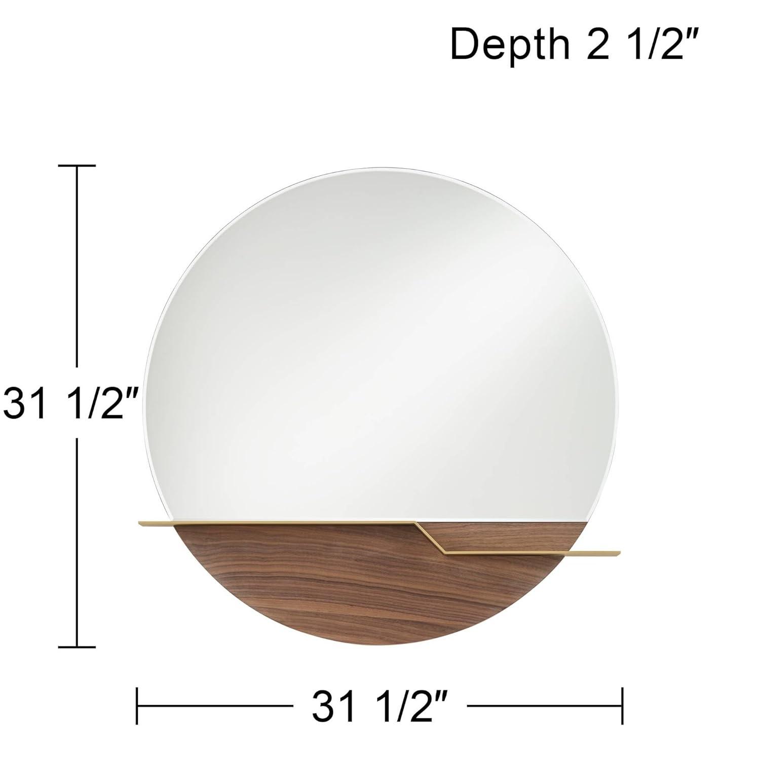Possini Euro Design Loft Round Vanity Wall Mirror with Gold Shelf Modern Beveled Glass Brown Wood Frame 31 1/2" Wide for Bathroom