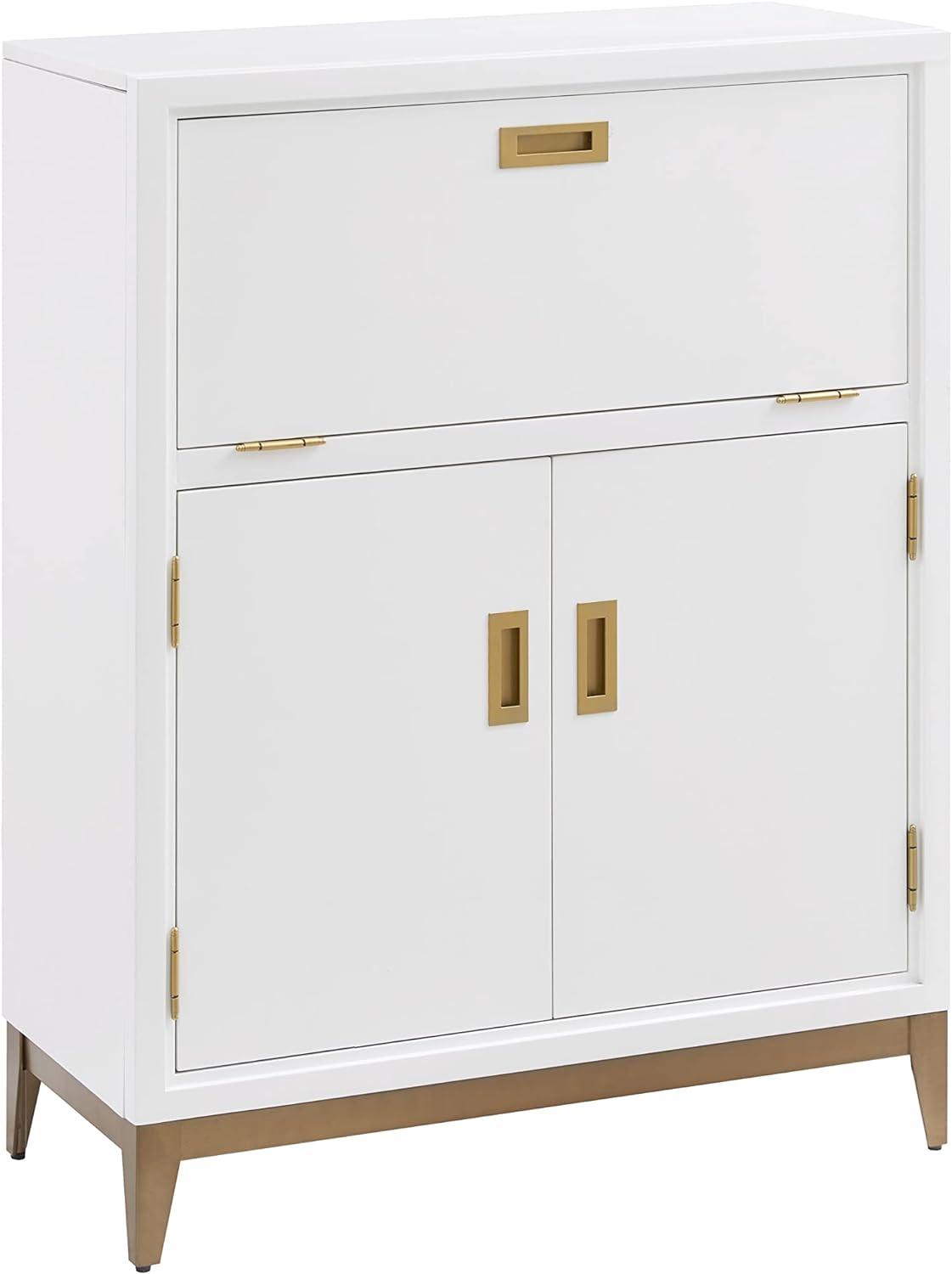 Elegant White and Gold Drop-Lid Hideaway Desk with Storage