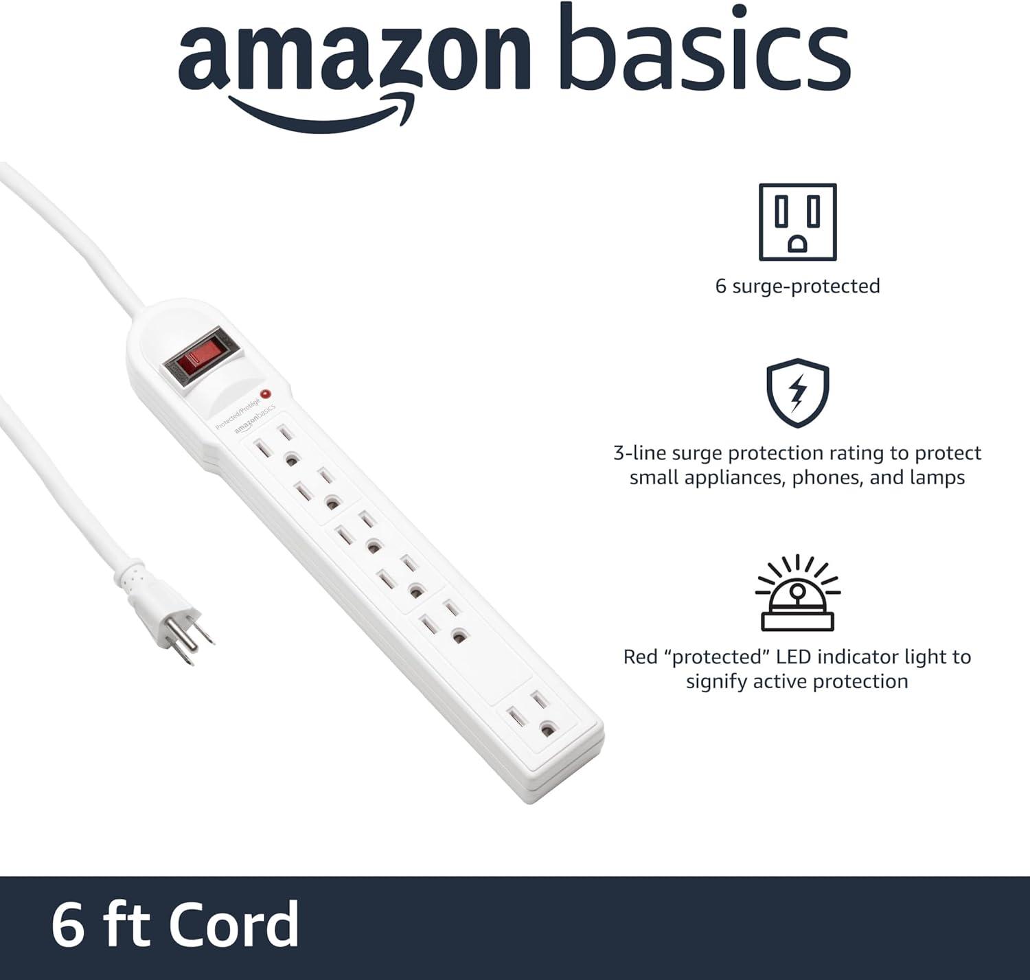 White 6-Outlet Surge Protector Power Strip with LED Indicator