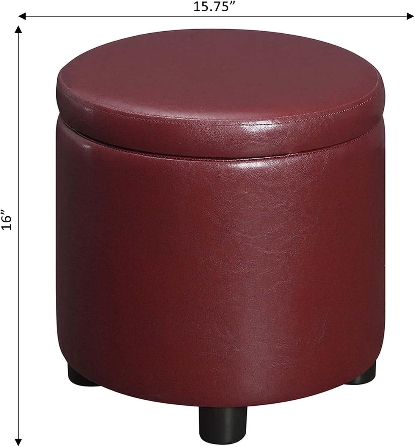 Designs4Comfort Round Accent Storage Ottoman with Reversible Tray Lid, Burgundy Faux Leather