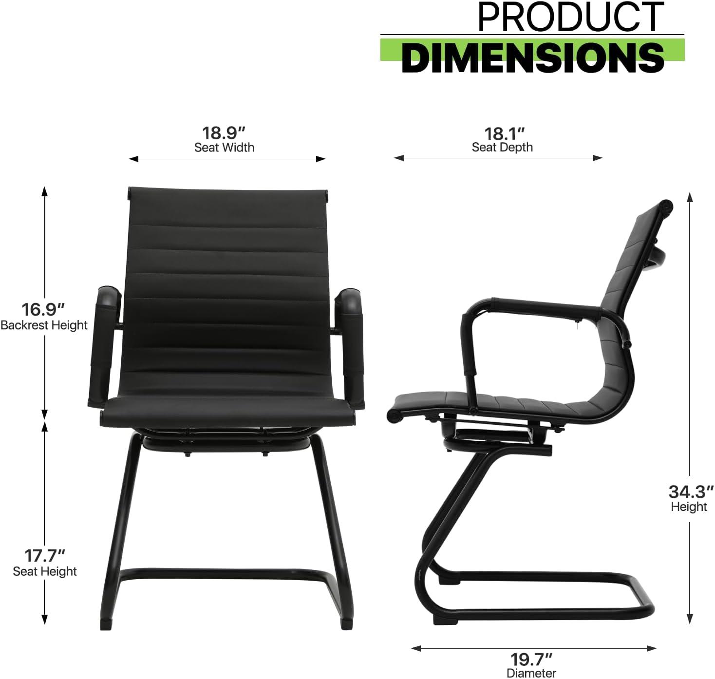 Guyou Modern Mid Back Office Guest Chair Set of 2, Faux Leather Reception Chair Computer Chair with Armrests and Metal Sled Base for Meeting/Waiting/Conference Room, No Wheels, Black