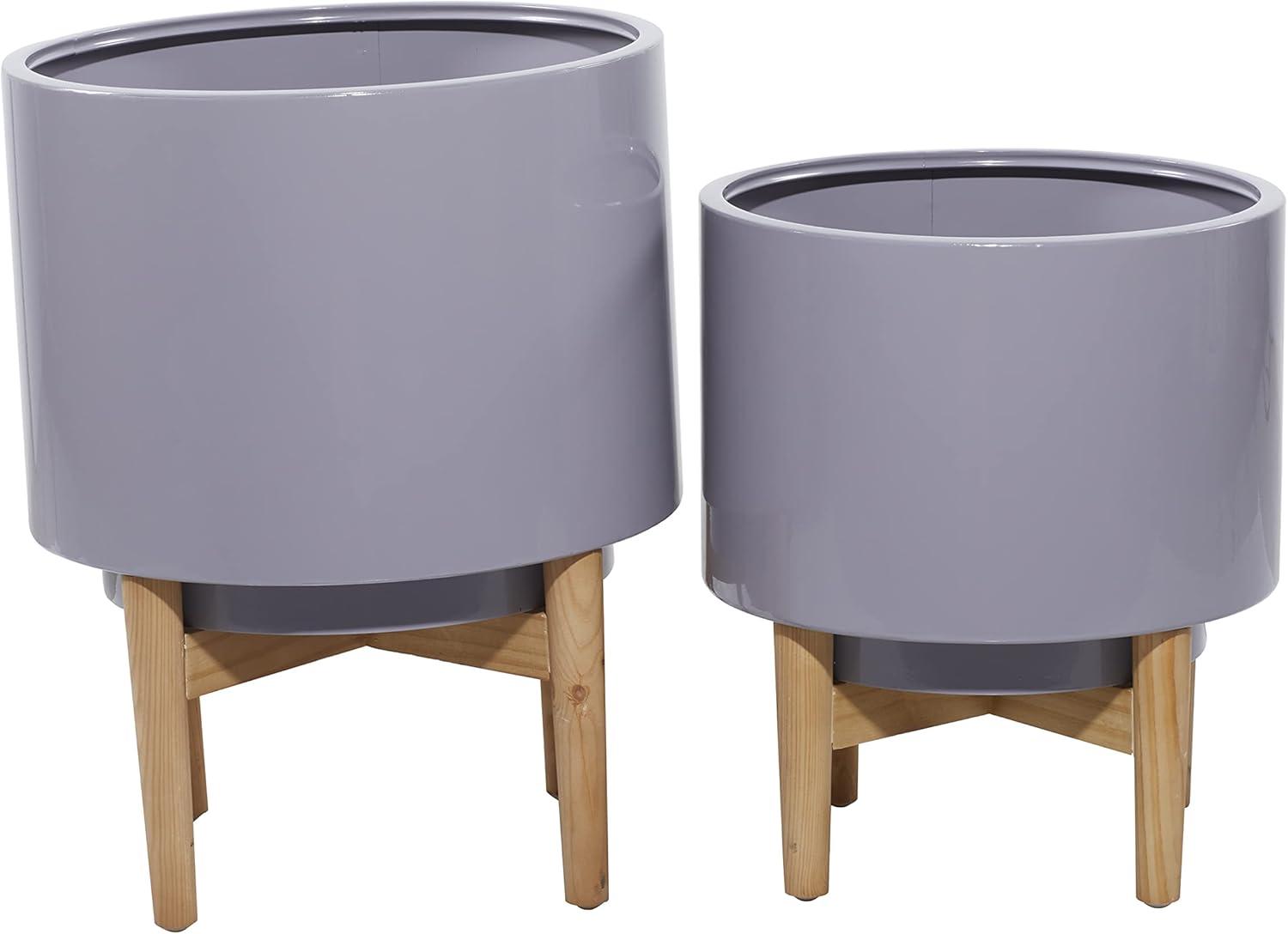 Contemporary Gray Metal & Wood Planter Set, Indoor/Outdoor