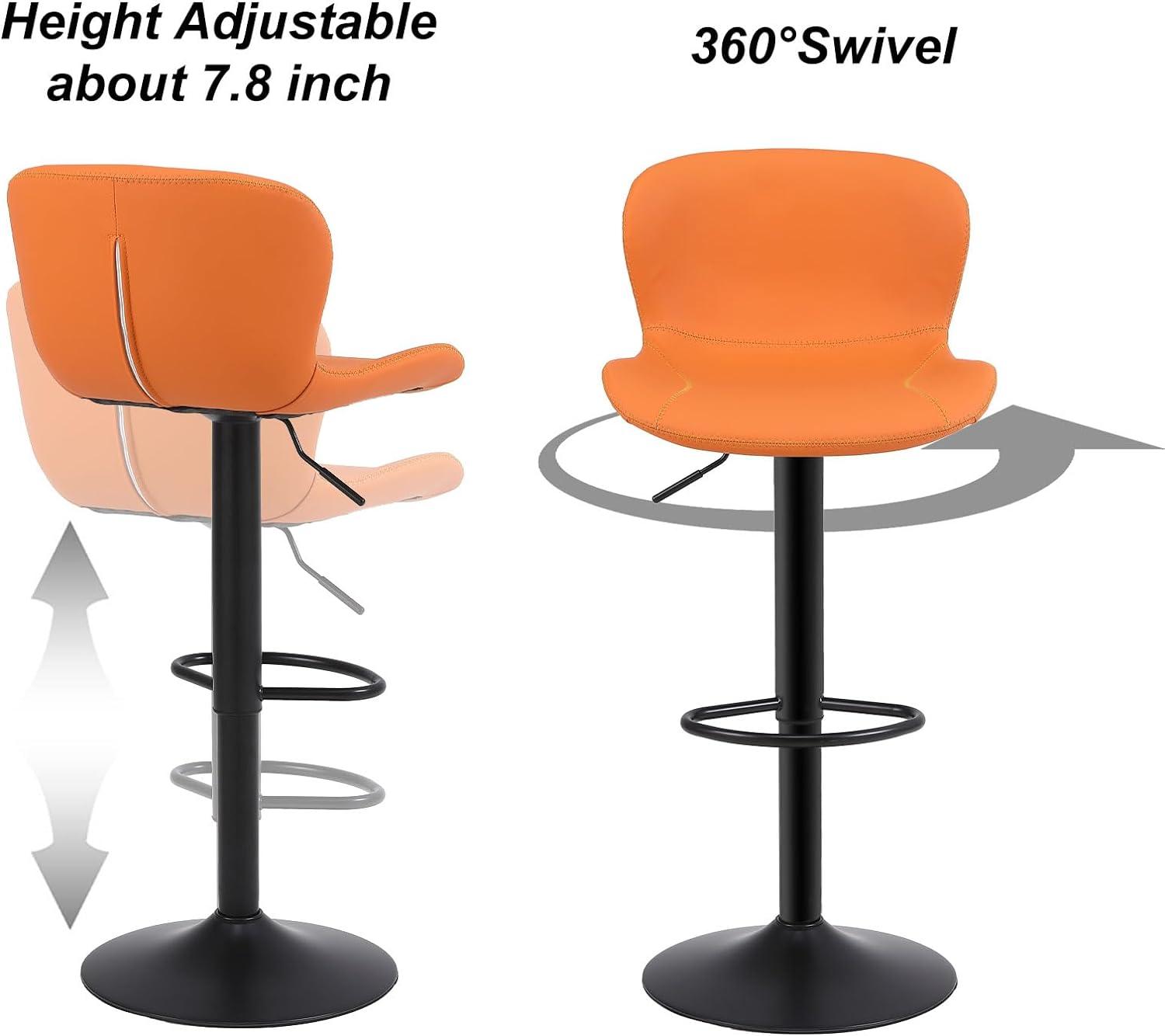 Orange Adjustable Swivel Metal and Leather Bar Stools Set