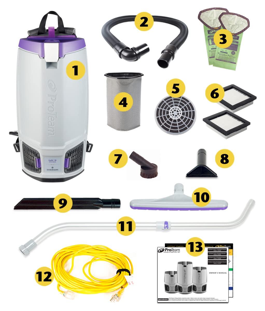 ProTeam GoFit 10 Commercial Backpack Vacuum with Xover Multi-Surface Telescoping Wand Tool Kit, 10 Quart, Corded