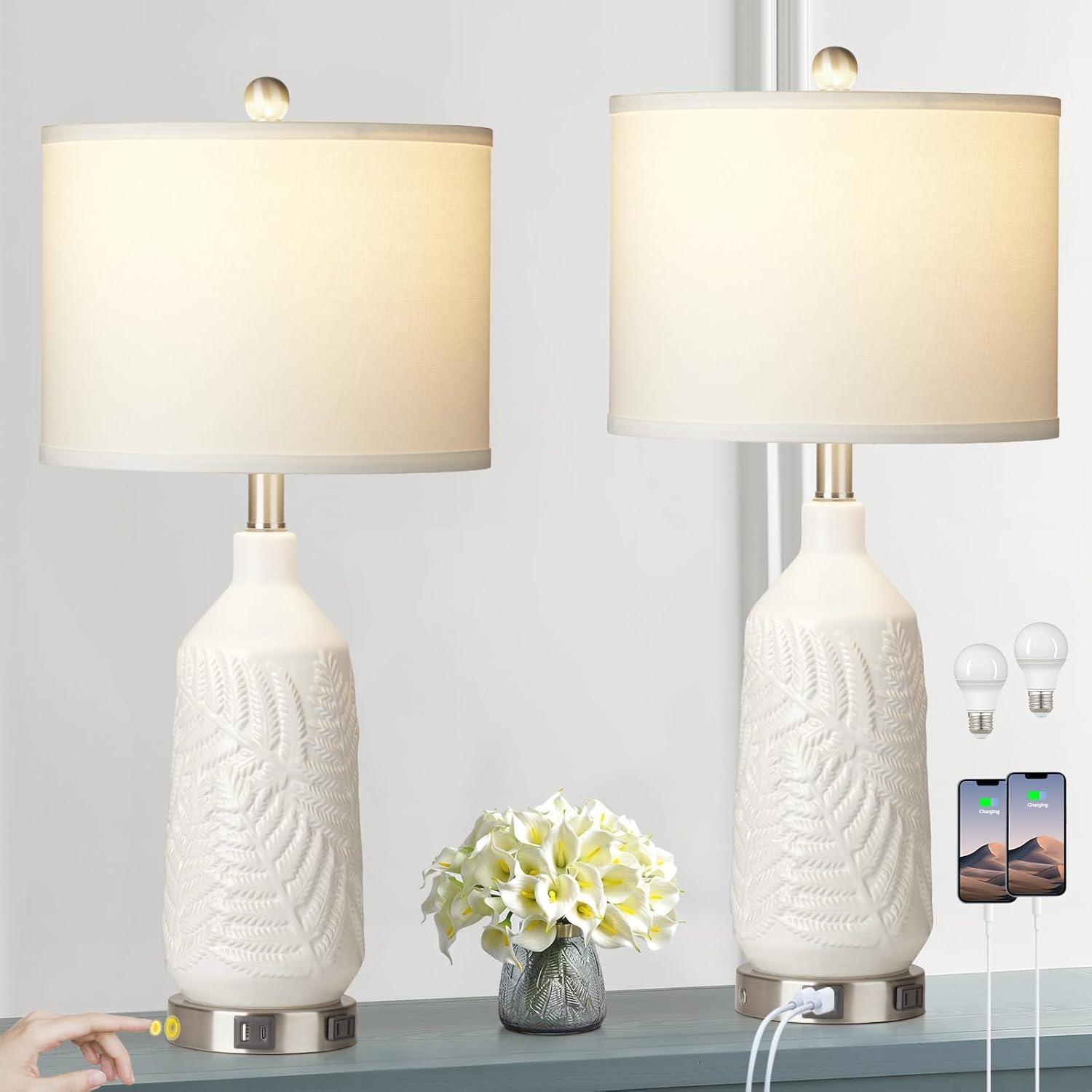 White Ceramic Table Lamps Set with Linen Shades and USB Ports