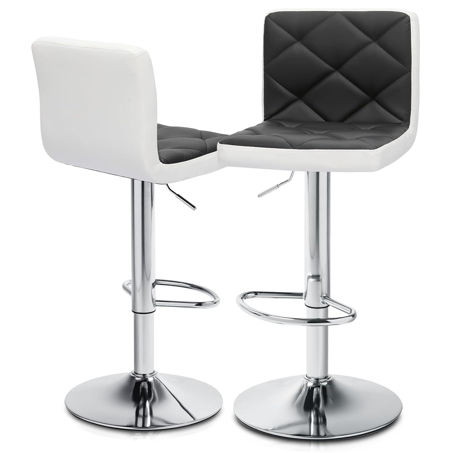 MoNiBloom Modern Bar Stools, Faux Leather Swivel Adjustable Barstools with Square Back, Counter Height Chairs Set of 2, Black/White