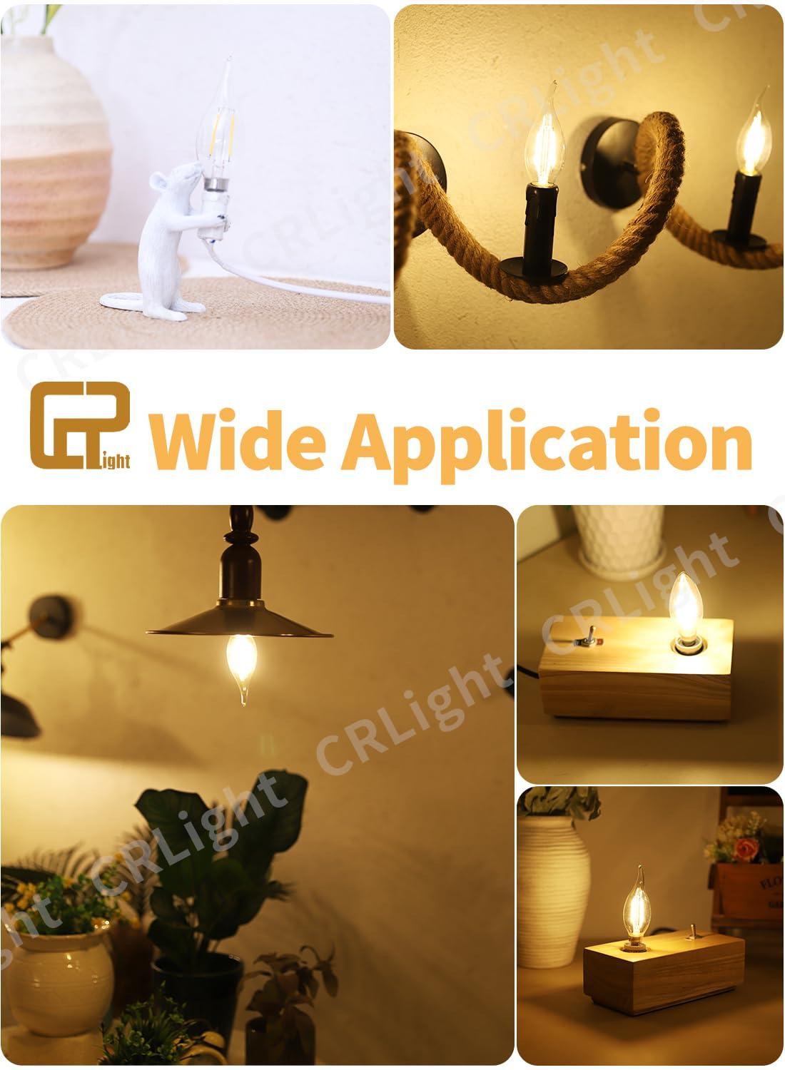 CRLight ETL Listed 2W Dimmable LED Candelabra Bulb 2700K Warm White, 250LM 25W Incandescent Equivalent, E12 Chandelier Candle Bulbs, C35 Clear Flame Shape Bent Tip, 360 Degrees Beam Angle, 10 Pack