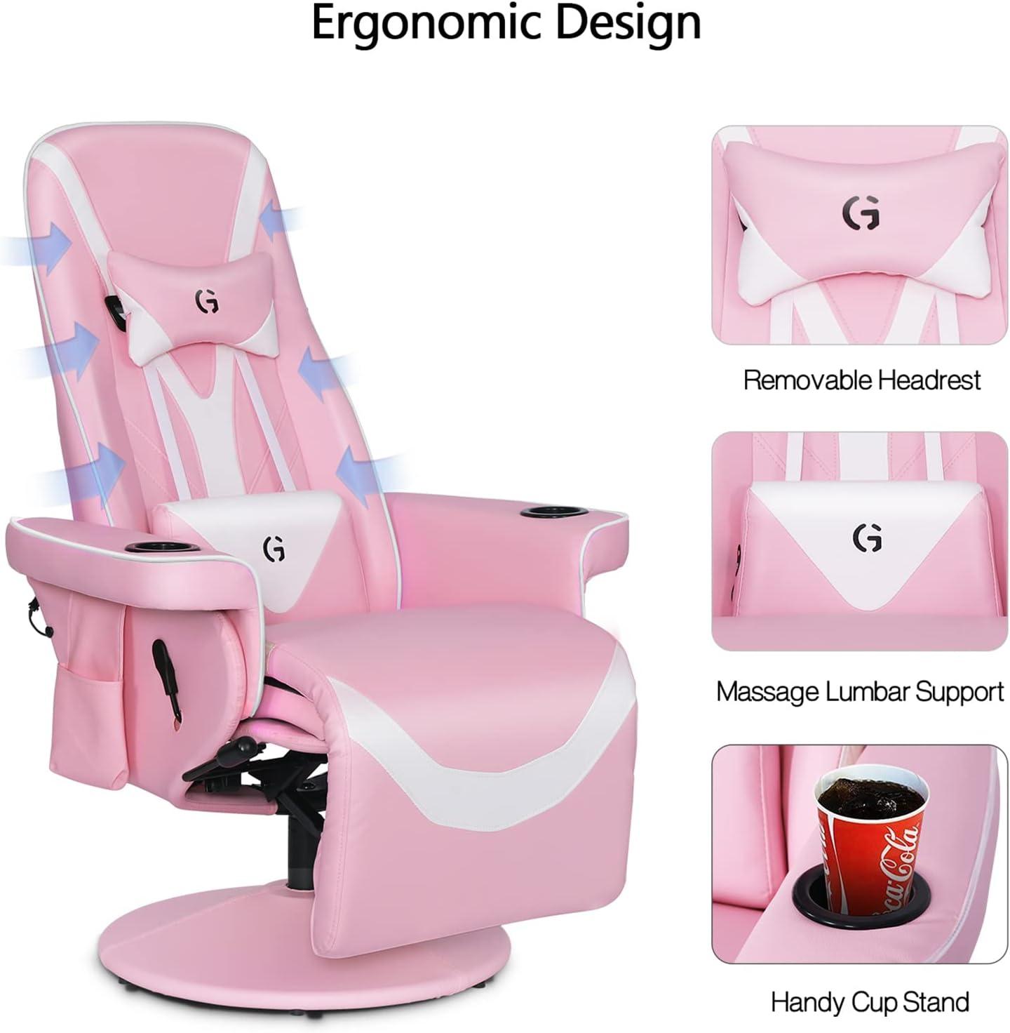 Queen Throne Video Gaming Chair Ergonomic Recliner Racing Chair, High Back Swivel Chair with Footrest and Adjustable Backrest, Lumbar Support, Headrest and Cupholders, Pink White