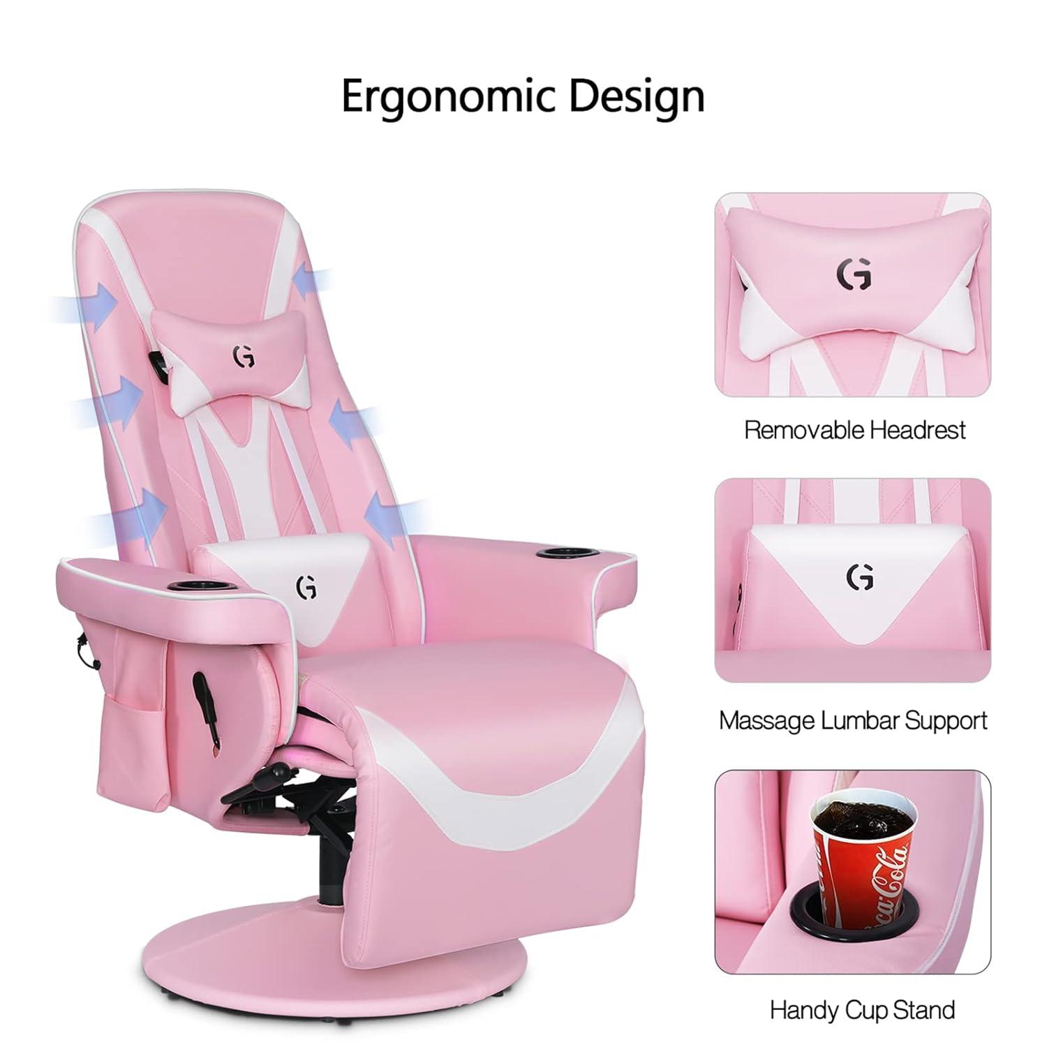 Queen Throne Video Gaming Chair Ergonomic Recliner Racing Chair, High Back Swivel Chair with Footrest and Adjustable Backrest, Lumbar Support, Headrest and Cupholders, Pink White