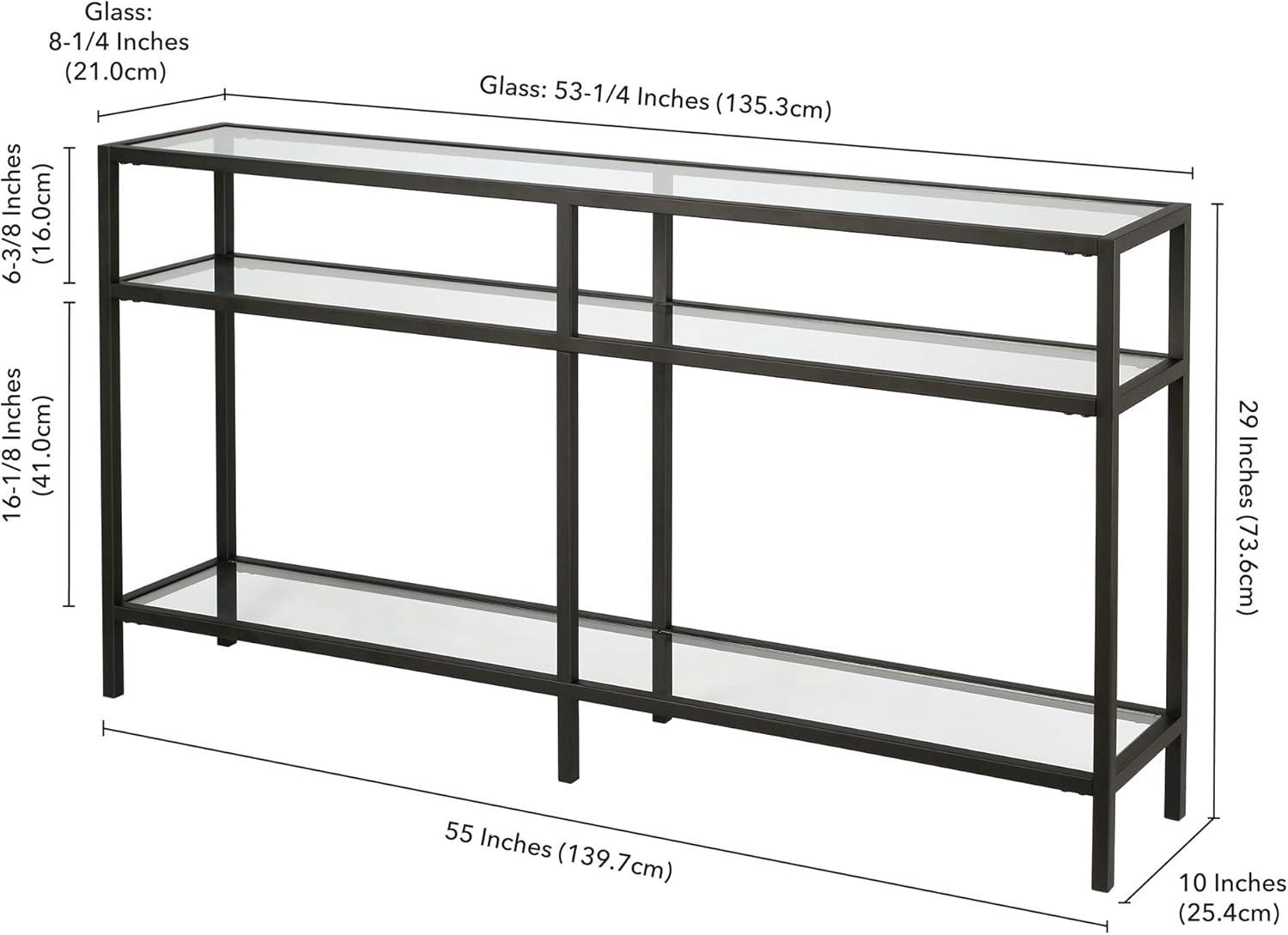 Sivil 55" Blackened Bronze and Black Metal Console Table with Glass Top