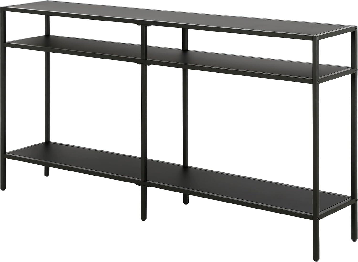 Blackened Bronze 55" Wide Industrial Console Table with Tempered Glass Top