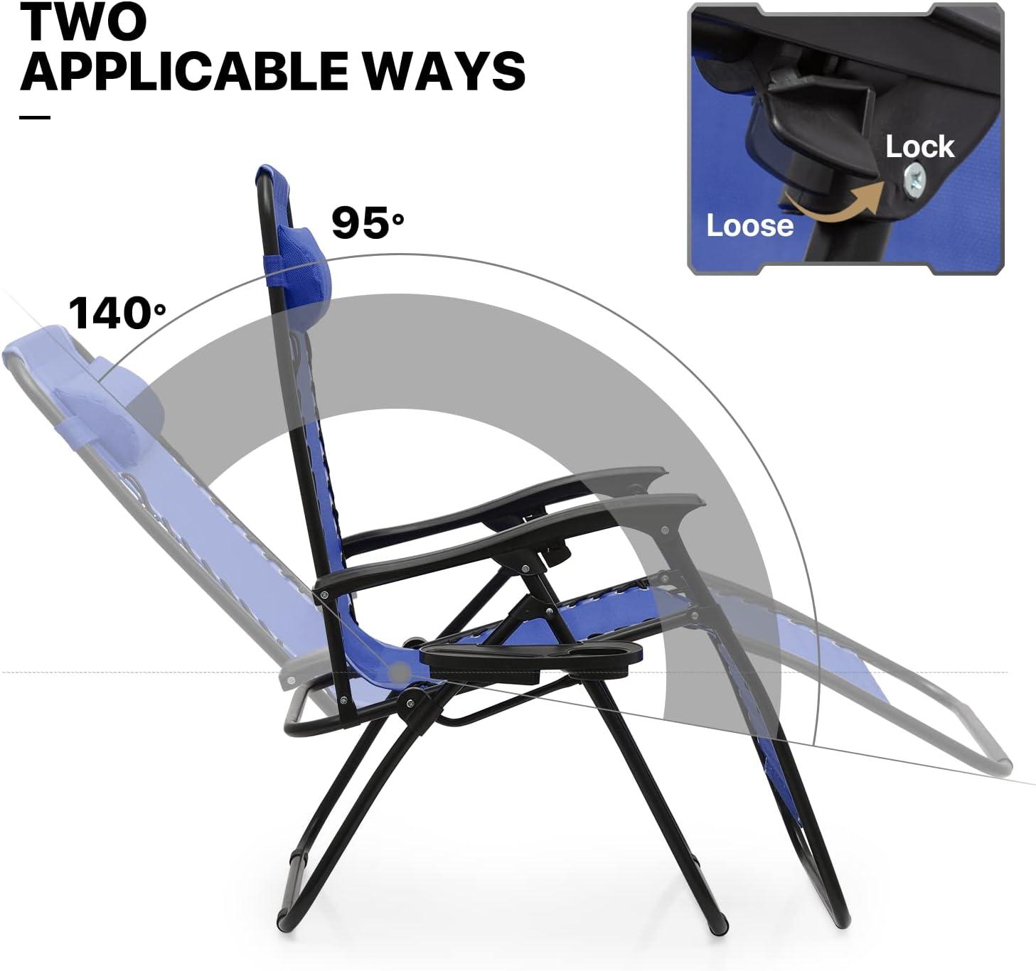 MoNiBloom Lounge Beach Chairs Set of 3 for Outside, Zero Gravity Camping Chairs with Side Table, Pillow and Tray, Blue