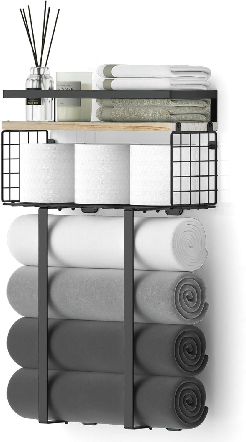 Towel Racks For Bathroom, Metal Towel Holder With Storage Basket,Wall Towel Rack For Rolled Towels, Towel Storage For Small Bathroom,Bathroom Shelves