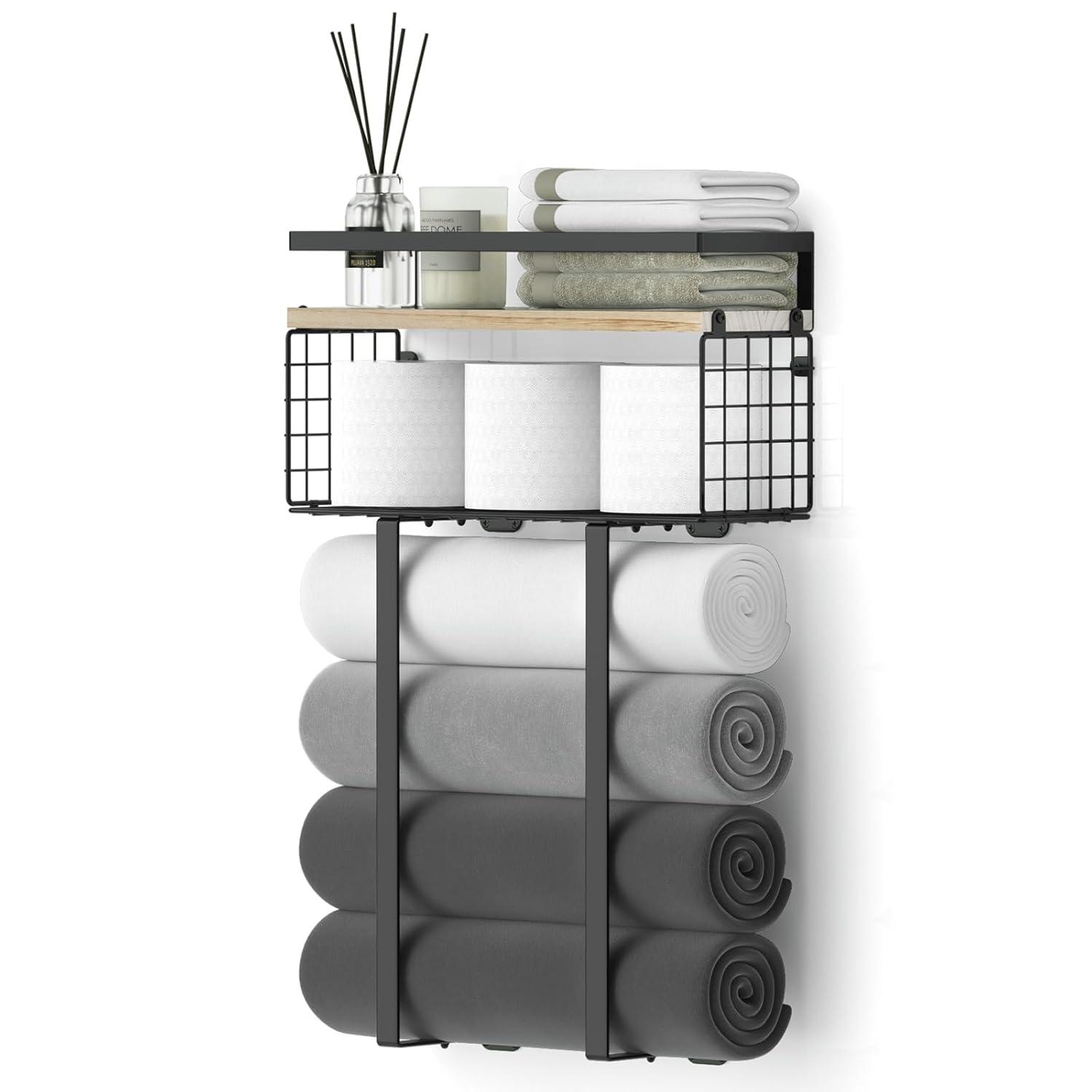 Towel Racks For Bathroom, Metal Towel Holder With Storage Basket,Wall Towel Rack For Rolled Towels, Towel Storage For Small Bathroom,Bathroom Shelves