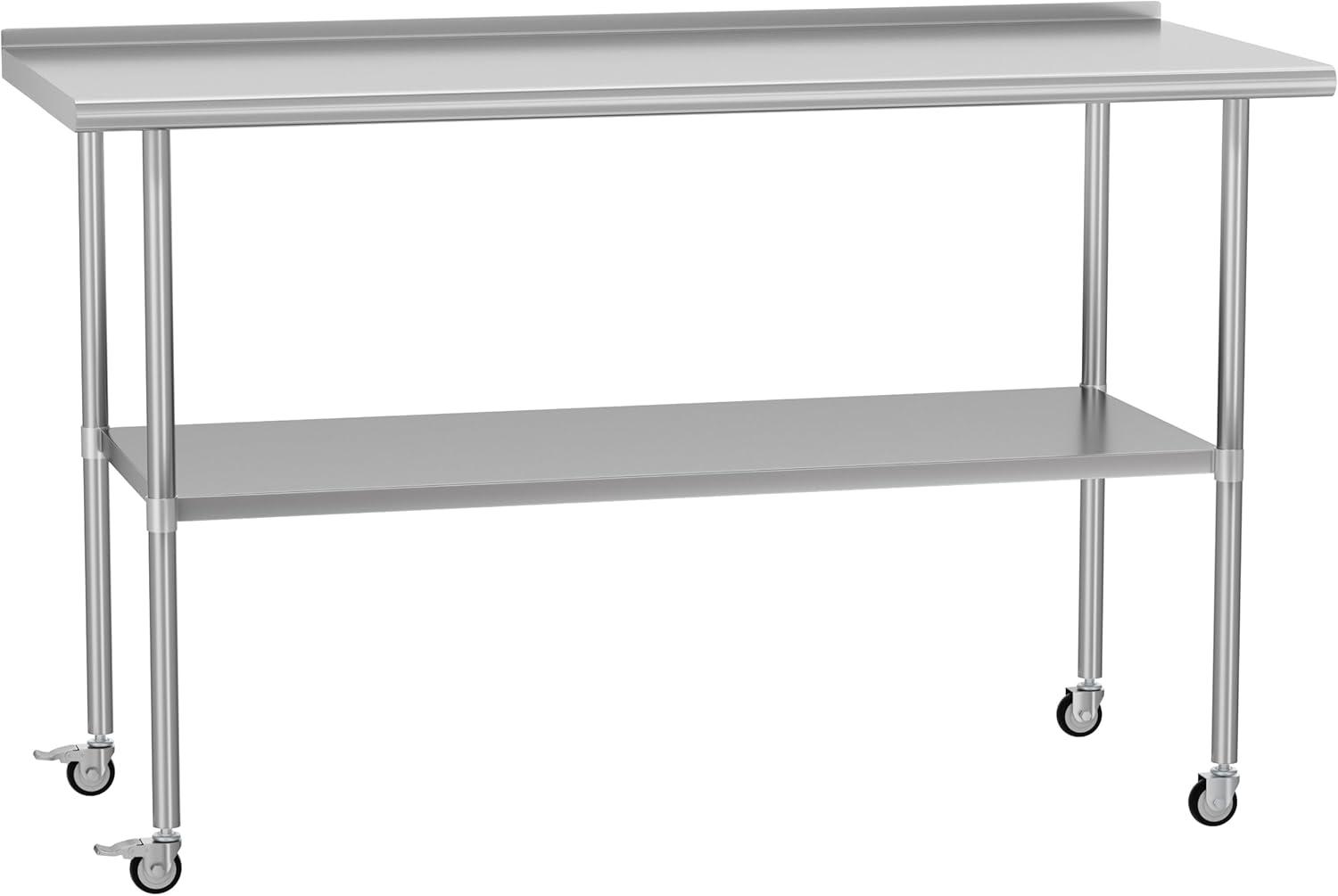 AmGood 60" Long x 24" Deep Stainless Steel Work Table With Open Base and Wheels | Mobile Metal Table
