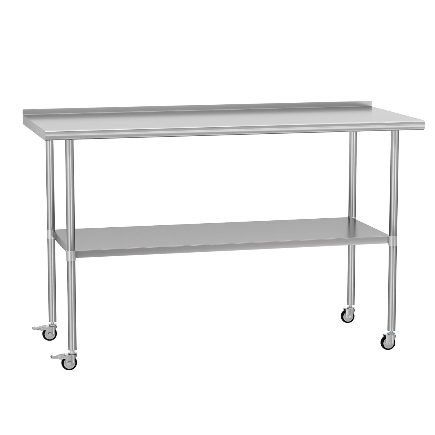 AmGood 60" Long x 24" Deep Stainless Steel Work Table With Open Base and Wheels | Mobile Metal Table