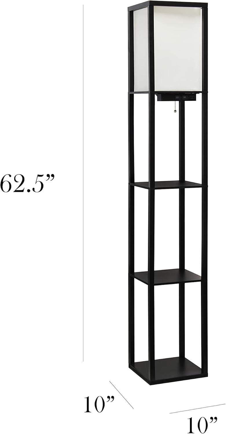 Simple Designs 62.5" 3-Shelf Etagere Organizer Storage Floor Lamp with USB Ports, Charging Outlet, Black