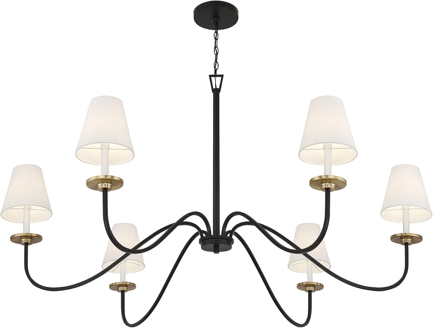 Black and Brass 6-Light Chandelier with White Shades