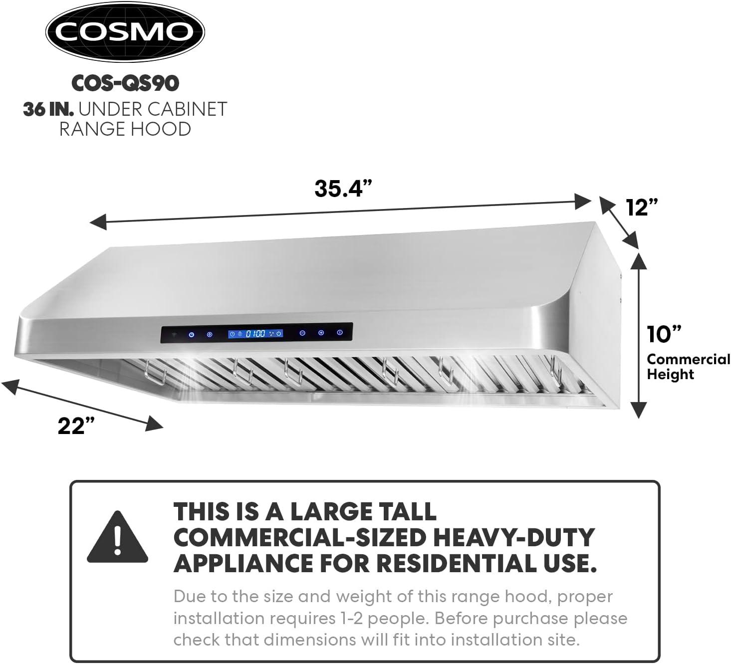 Cosmo COS-QS90 36 in. 500 CFM Ducted Under Cabinet Range Hood in Stainless Steel