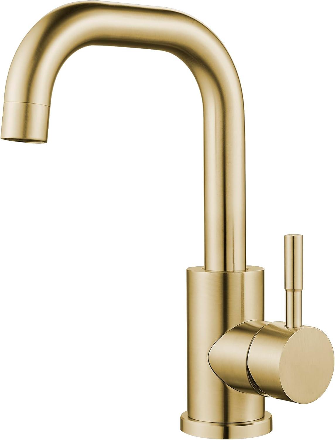 Single Hole Bathroom Sink Faucet Brushed Gold, Modern Single Handle Bathroom Faucet Stainless Steel Swivel Spout Commercial RV Bathroom Faucet Wet Bar Faucet