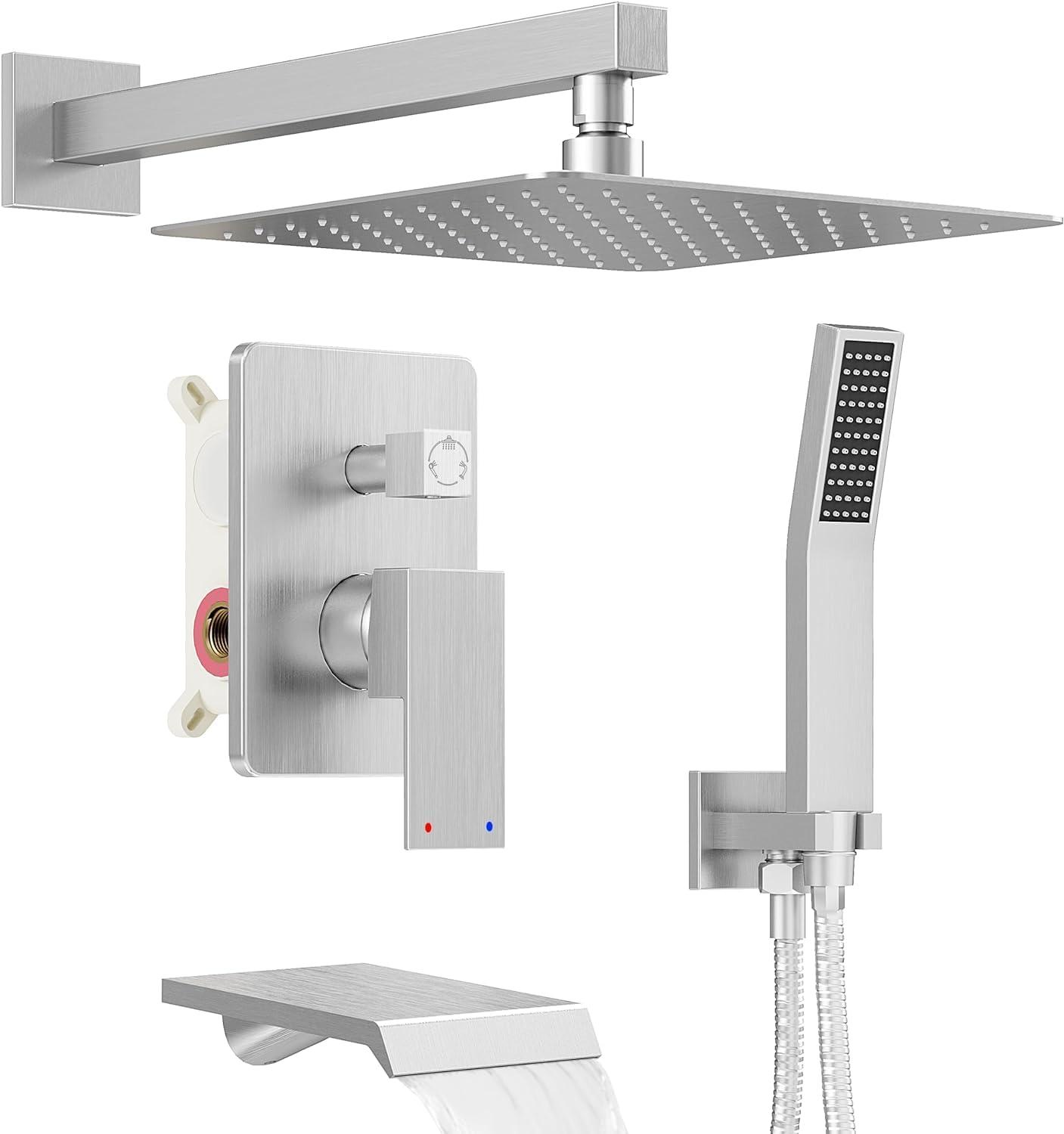 Brushed Nickel Wall Mount Rainfall Shower System with Handheld