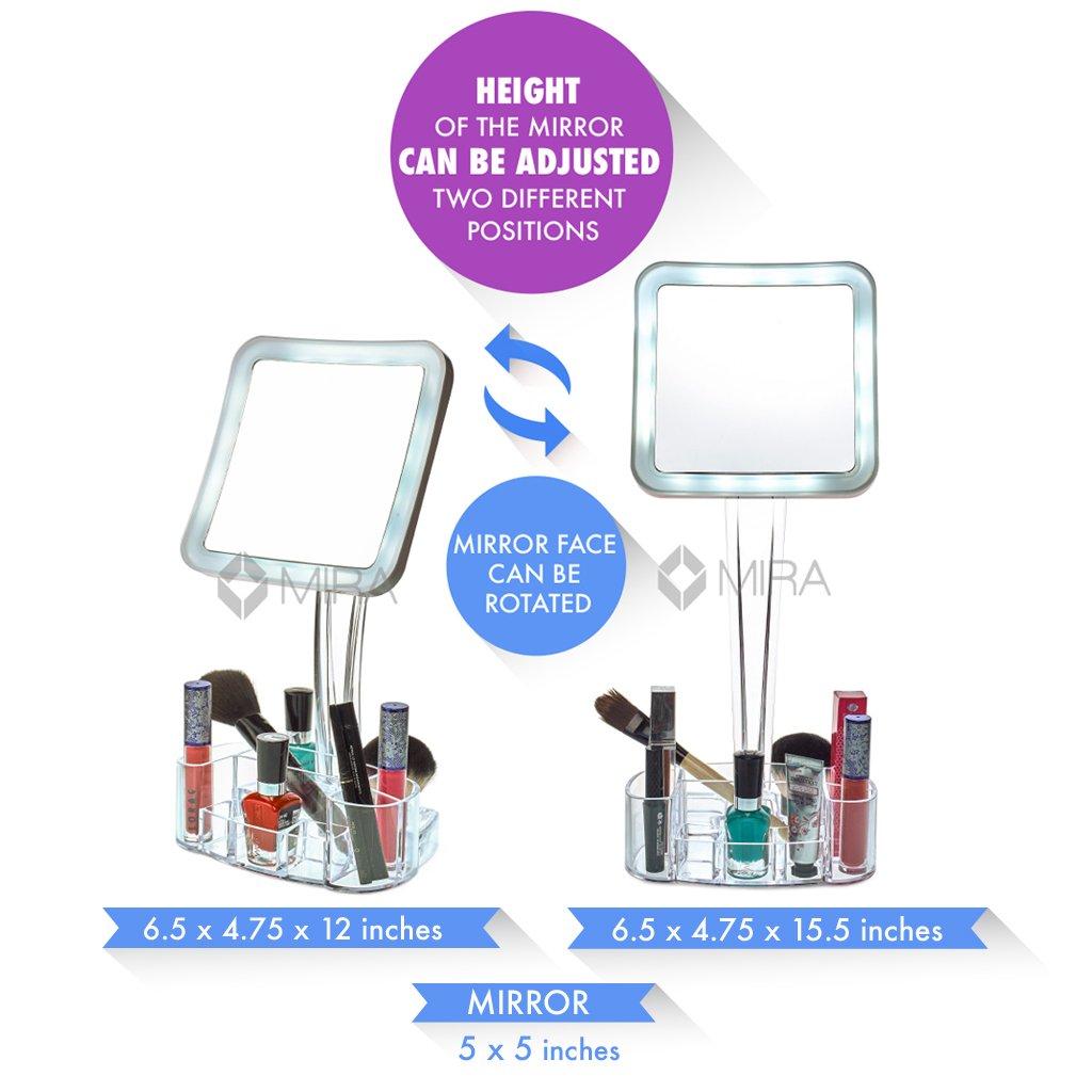 LED Lighted 7X Magnification Square Makeup Mirror with Organizer