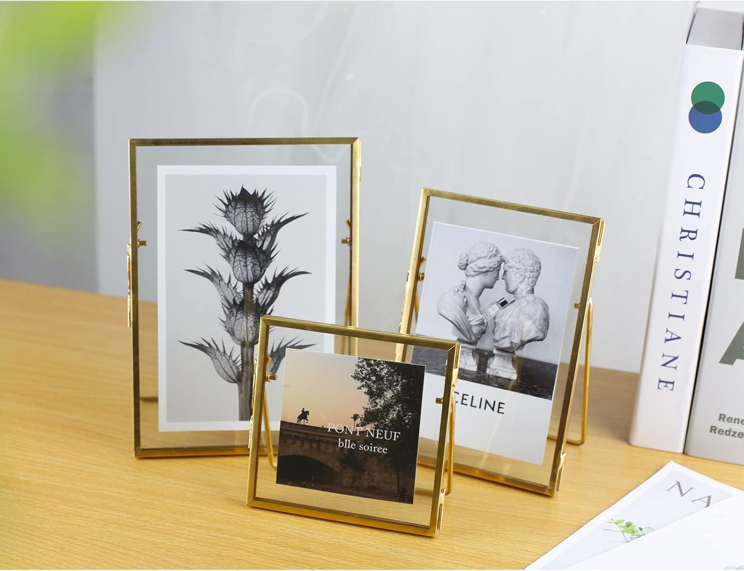 Gold Metal Floating Glass Picture Frames Set, 4x4, 4x6, 5x7