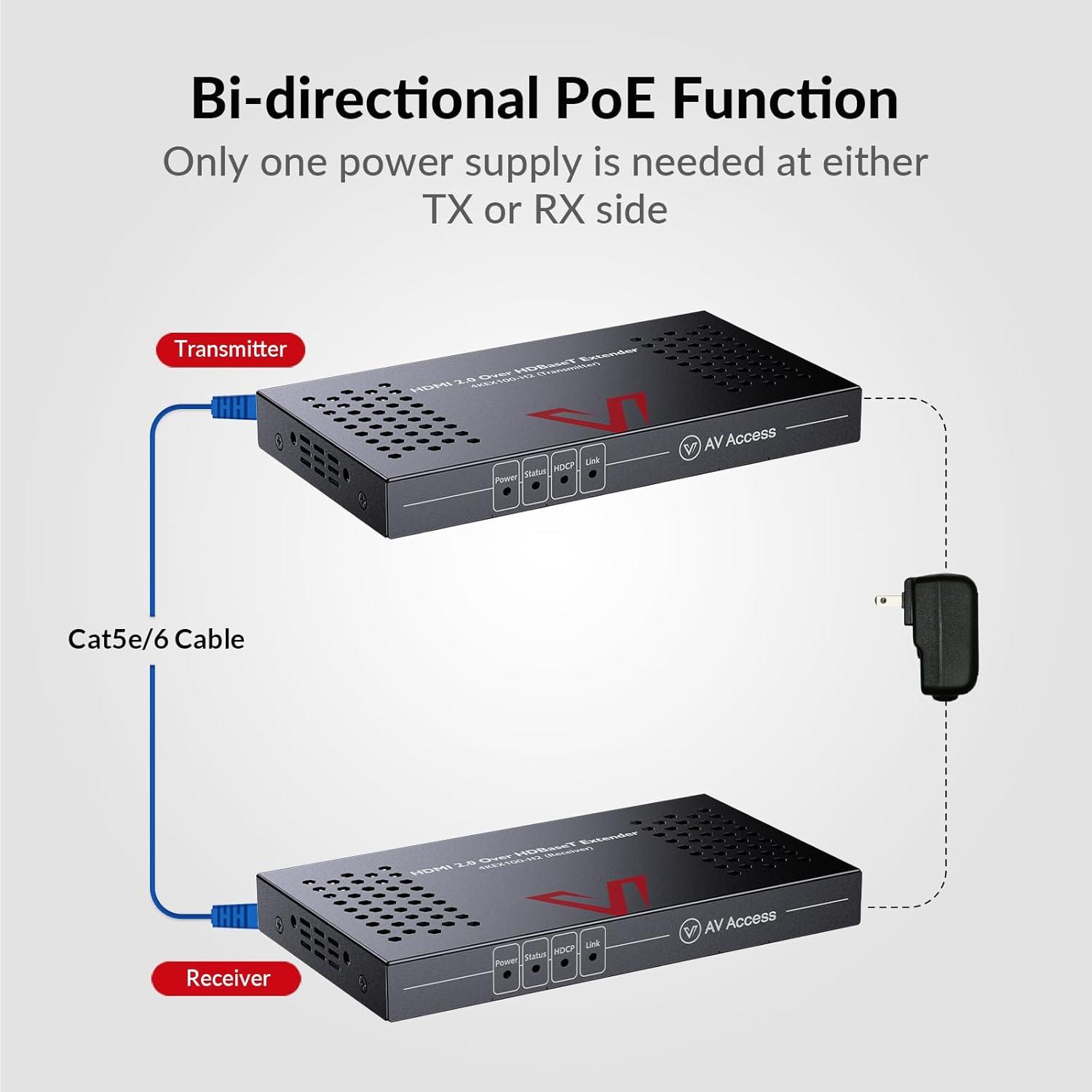 AV Access HDBaseT 4K HDMI Extender Over Cat5e/6/6a/7 4K@60Hz 130ft, 1080P@60Hz 230ft, HDR10+, HDMI 2.0 YUV4:4:4, UltraHD, HDCP 2.2, 18Gbps, Plug & Play, IR Return & PoE, Smart EDID(4KEX70-H2)