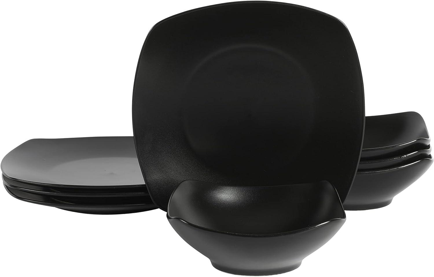 Matte Black Porcelain Square Dinnerware Set, Service for 4