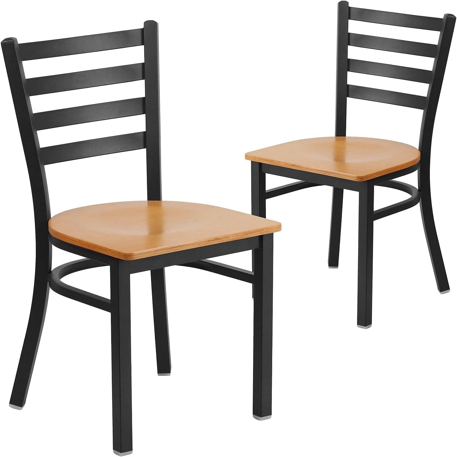 Walnut Wood Seat Black Metal Frame Ladderback Side Chair, Set of 2